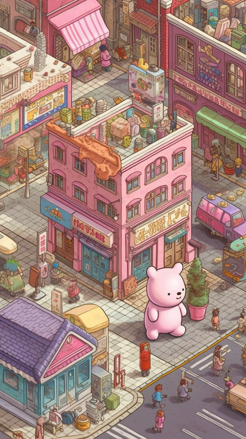 店门口小熊玩偶玩具小熊楼房房屋城市六一儿童节背景紫色插画,插画/手绘图,插画/手绘图库,插画/手绘图下载,插画/手绘